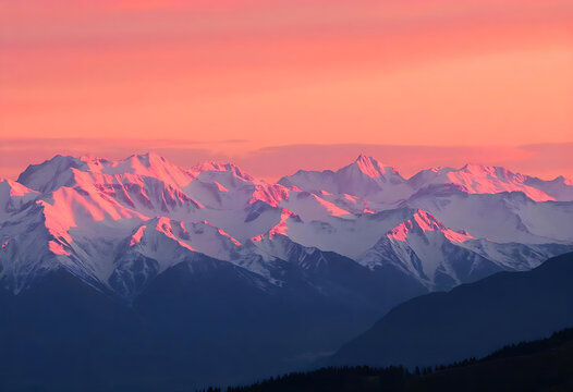 Majestic snow-capped mountains illuminated by vibrant pink and orange hues at sunset or sunrise