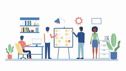 Obraz premium People collaborating on a project in an office with a whiteboard and a computer workstation setup