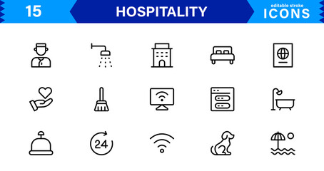 Hospitality Icon Collection with Hotel, Service, Room, Food, and Reception Symbols in Minimalist, Marketable Vector Style for Digital Assets
