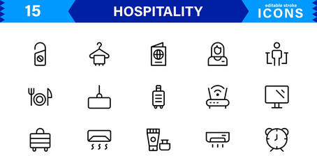 Hospitality Icon Collection with Hotel, Service, Room, Food, and Reception Symbols in Minimalist, Marketable Vector Style for Digital Assets