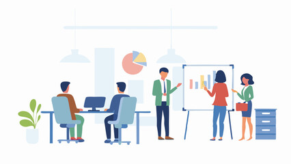 Business presentation with team analyzing data and charts in modern office environment setting design