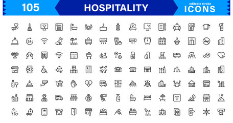 Hospitality Icon Collection with Hotel, Service, Room, Food, and Reception Symbols in Minimalist, Marketable Vector Style for Digital Assets