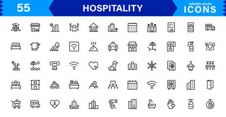 Hospitality Icon Collection with Hotel, Service, Room, Food, and Reception Symbols in Minimalist, Marketable Vector Style for Digital Assets