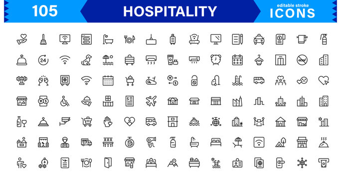 Hospitality Icon Collection with Hotel, Service, Room, Food, and Reception Symbols in Minimalist, Marketable Vector Style for Digital Assets