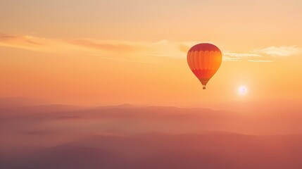Hot air balloon soaring above a misty landscape at sunset.  Conceptual image of adventure, freedom, travel, and exploration.