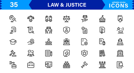 Law & Justice Icon Set Featuring Court, Lawyer, Gavel, Justice Scale, and Legal Concepts in a Clean, Professional Vector Style for Stock Use