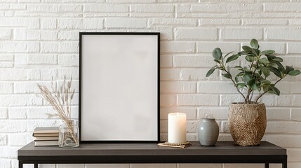 A blank picture frame hangs on a white brick wall, surrounded by simple decor in a stylish living room.
