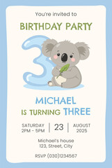 Birthday party invitation card with cute koala. Birthday party vector template