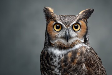 Obraz premium Intense wide-eyed owl gazing at the viewer with captivating feather detail captured against a soft gray background
