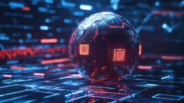 Futuristic metallic soccer ball with glowing accents against abstract digital background