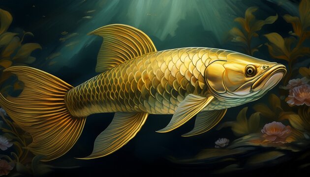 Ein eleganter, goldschimmernder Arowana schwimmt in einem edlen Aquarium mit dunklem Hintergrund
