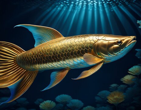 Ein eleganter, goldschimmernder Arowana schwimmt in einem edlen Aquarium mit dunklem Hintergrund