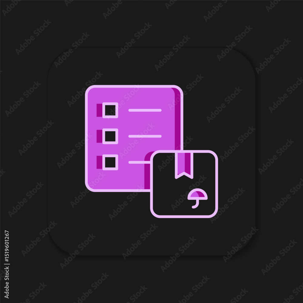 Poster filled outline verification of delivery list clipboard icon isolated on black background. flat fille