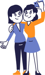 Happy female friends taking selfie together, minimal flat vector illustration, friendship and technology theme