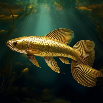 Ein eleganter, goldschimmernder Arowana schwimmt in einem edlen Aquarium mit dunklem Hintergrund