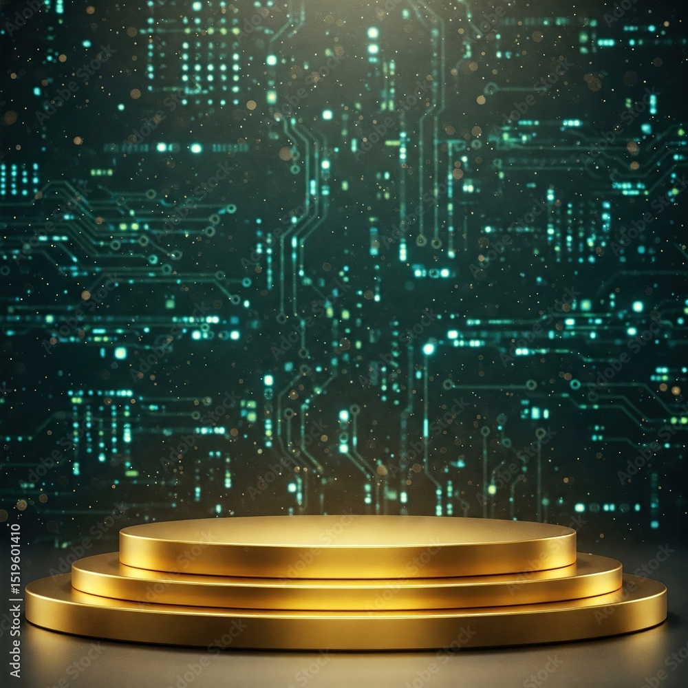 Poster abstract golden and blue digital light patterns create a glowing tech background with an artistic we