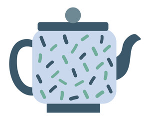 Light blue teapot with dark lid and handle featuring green and dark sprinkles, isolated on a white background, representing teatime, hot drinks, and cozy moments