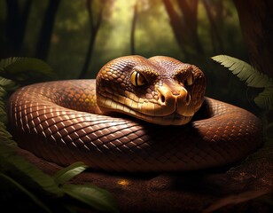 Fototapeta premium Eine große Abgottschlange liegt zusammengerollt auf einem feuchten Waldboden