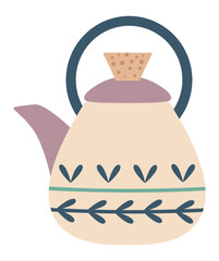 Beige teapot featuring a cork lid, adorned with a purple handle and spout, showcasing floral decorations in blue and light green, isolated against a white background