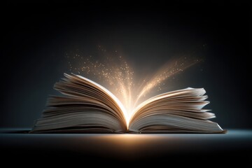 Fototapeta premium Enchantment of knowledge as light flows from the open pages of a book in a dark setting, illuminating the mysteries within