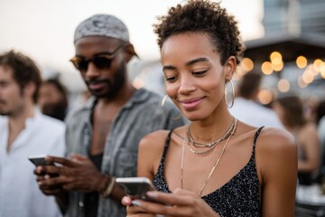 Two friends share a moment together at a vibrant outdoor setting, both looking at their mobile devices, capturing the essence of friendship and modern connectivity.