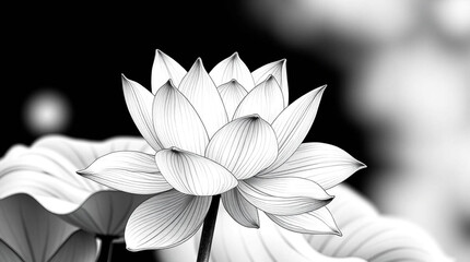 A serene lotus flower in full bloom symbolizing peace and purity in a timeless monochromatic