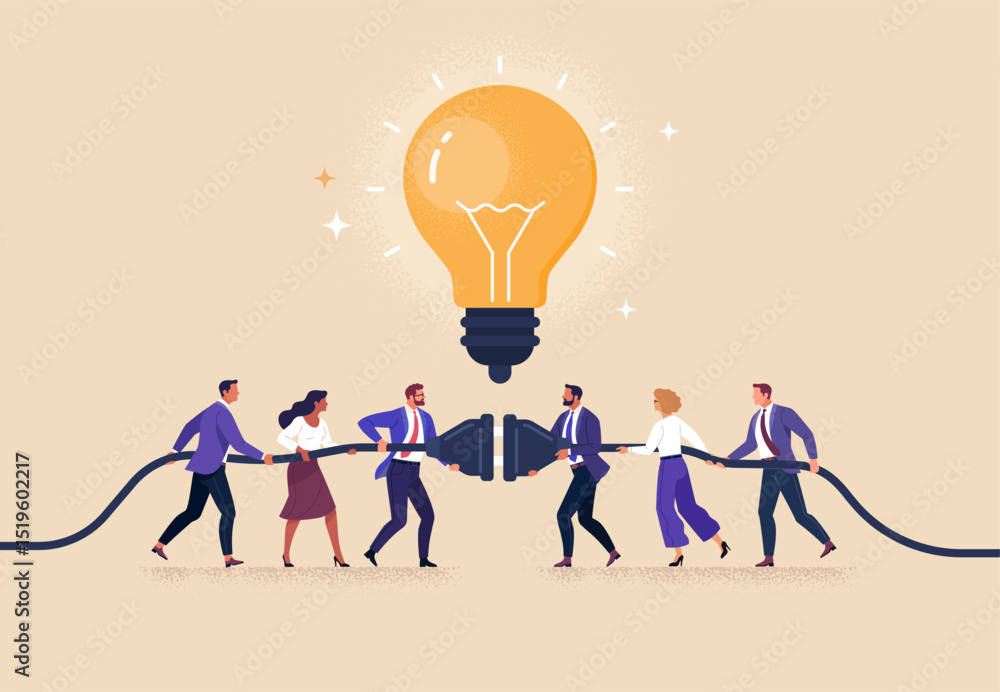 Poster business connection concept. vector cartoon flat illustration of two groups of diverse people connec