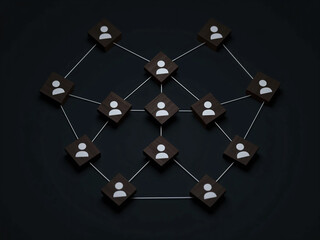 Wooden Cubes Connected with Lines on Blue Background Representing Social Network and Organizational Structure, Illustrating Teamwork, Digital Communication, and Business Collaboration