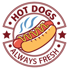 Delicious always fresh hot dog logo with mustard and steam for food branding