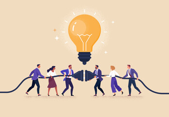 Business Connection Concept. Vector cartoon flat illustration of two groups of diverse people connecting electrical plugs with a light bulb above them. Isolated on background.