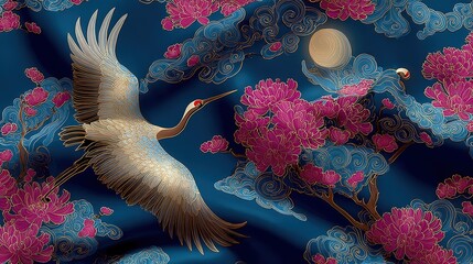 Japanese inspired fabric, Elegant crane flies among blooming pink flowers and clouds under a golden moon on a deep blue background in an ornate, Asian-inspired design.