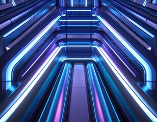 Abstrakcyjne, niebieskie wnętrze, pomieszczenie techniczne z rurami, światłami, metalowymi elementami