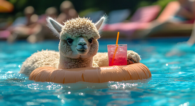 Alpaca on unicorn float relaxing in pool with cocktail drink.