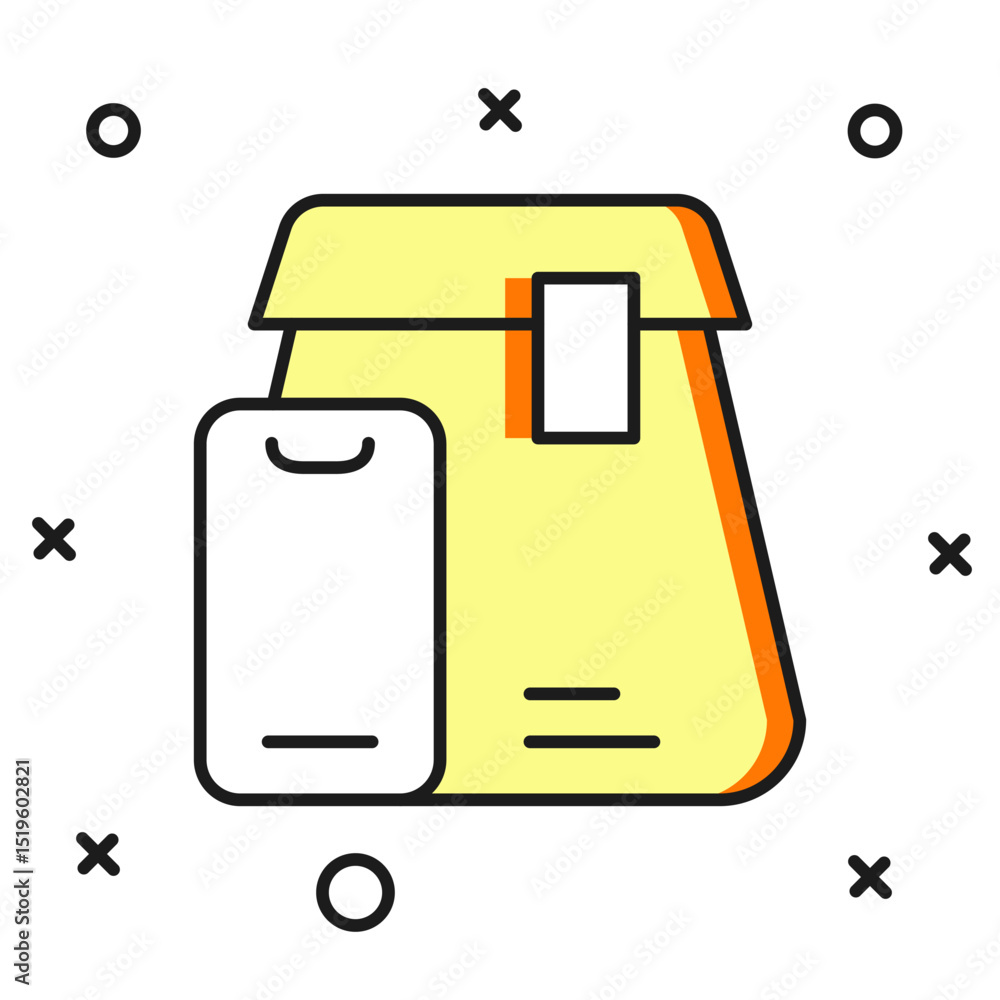Poster filled outline online ordering and fast food delivery icon isolated on white background. flat filled