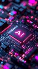 Futuristic AI Microchip Technology Close up of glowing Circuit Board with AI processor