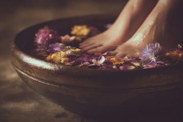 Experience tranquility with a soothing foot soak adorned with vibrant flower petals to create a serene wellness ritual in soft, calming tones