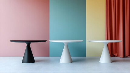 Three Modern Conical Tables Against Colorful Wall Curtain