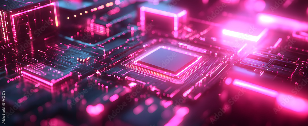 Poster the captivating microchip on a futuristic circuit board illuminated by vibrant lights.