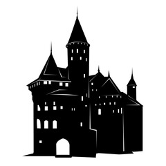Medieval castle icon in the form of a black silhouette with window and door openings on a white background. Simple illustration of a medieval castle vector icon for web and your designs