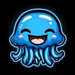 Cute Blue Jellyfish Cartoon Character with Happy Expression on Black Background
