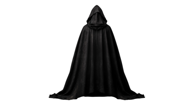 A hooded figure in a dark cloak standing against a black background in a mysterious scene isolated on transparent background
