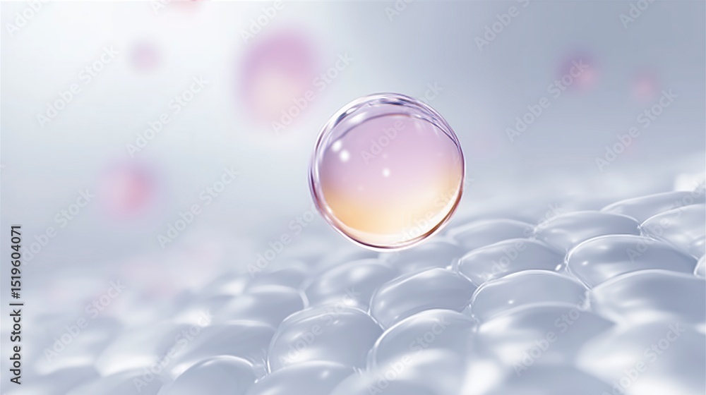 Poster close-up of a translucent bubble floating above a surface of soft, rounded droplets, creating a sere