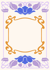 Art Nouveau style illustration vector poster. Vintage print design with whimsical florals frames and flowers