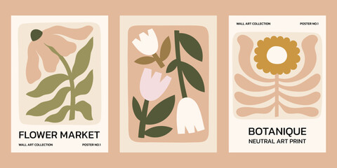 Neutral colors floral vector posters set. Minimalist print designs with abstract flowers in beige shades illustrations. Flower market