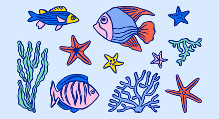 Underwater ocean life minimalist simple illustrations set. Sea fishes, starfishes, seaweeds, corals vector doodles