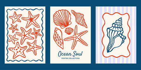 Ocean underwater vector posters set. Minimalist retro sea print designs with outline seashells and starfishes illustrations in whimsical frames