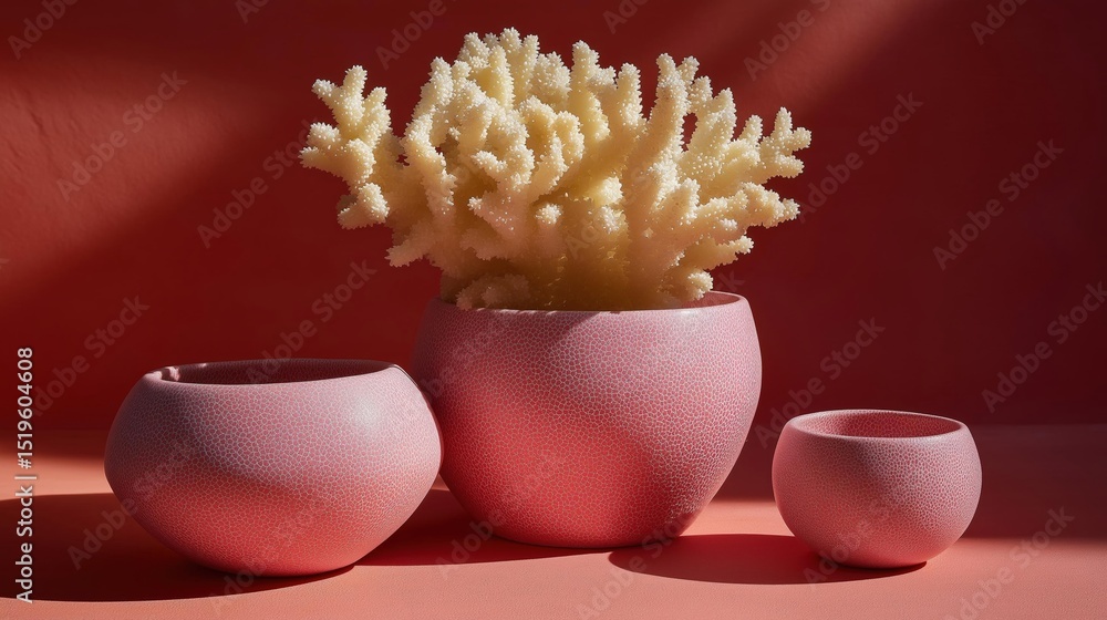 Poster three small ceramic pots in a pink color. the pots are arranged in a triangular formation, with the 