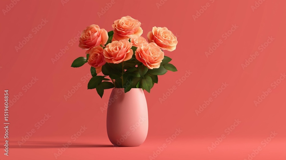 Poster 3d rendering of a vase with a bunch of peach-colored roses in it. the vase is round and has a smooth
