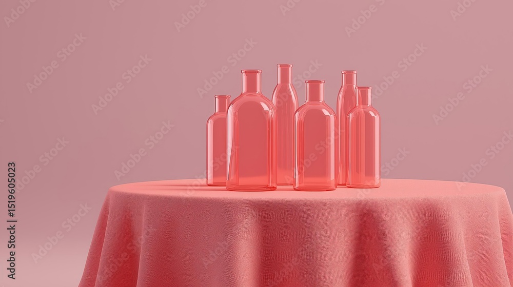Poster group of six empty glass bottles arranged in a row on a round table covered with a pink tablecloth.