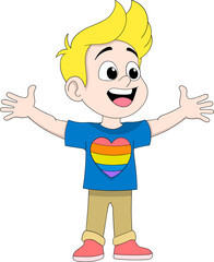 Happy Cartoon Boy with Pride Heart Shirt Celebrating Pride Day